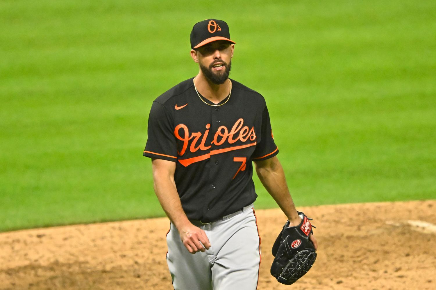 Sep 22, 2023; Cleveland, Ohio, USA; Baltimore Orioles relief pitcher Jorge Lopez (73) walks off the field after the seventh inning against the Cleveland Guardians at Progressive Field.